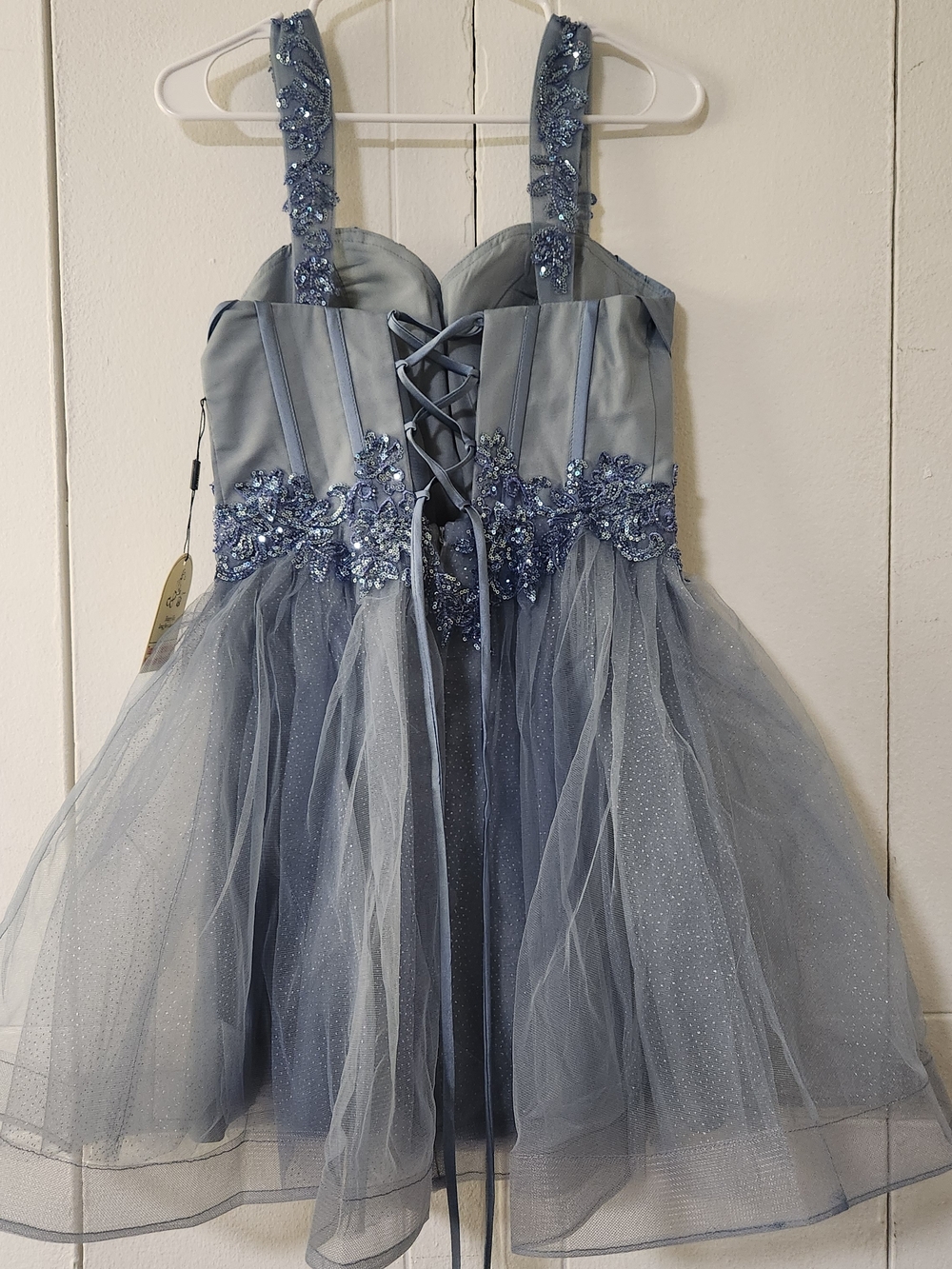 Satin & Tulle Dusty Blue Party Mini Dress - Picture 15 of 16